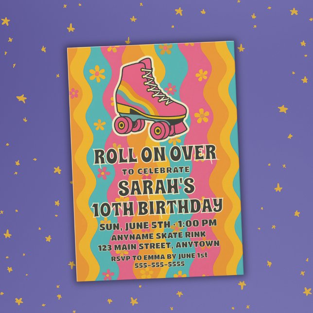 Invitación Colorido Chica de Patinaje Retro (Colorful Retro Roller Skating Girl Birthday Party Invitation
)