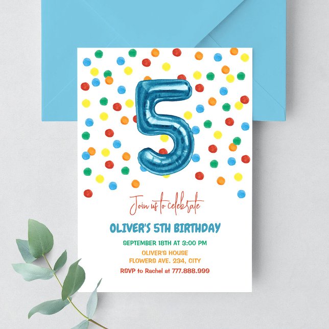 Invitación Colorido Confeti Cinco Globo Cumpleaños 5 Niño (Subido por el creador)