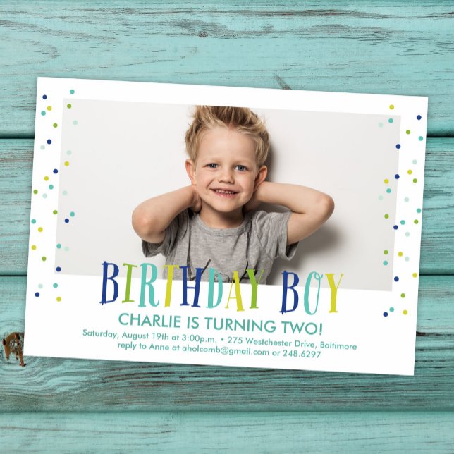 Invitación Colorido Confetti Boy Photo Birday Party (Subido por el creador)
