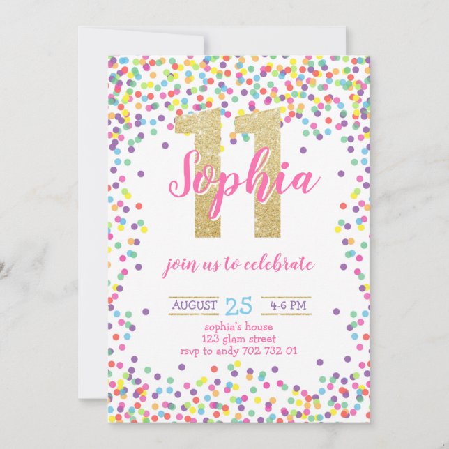 Invitación Colorido Confetti Gold Number Chica 11 cumpleaños (Anverso)