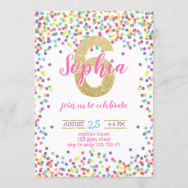Invitación Colorido Confetti Gold Number Chica 6to cumpleaños