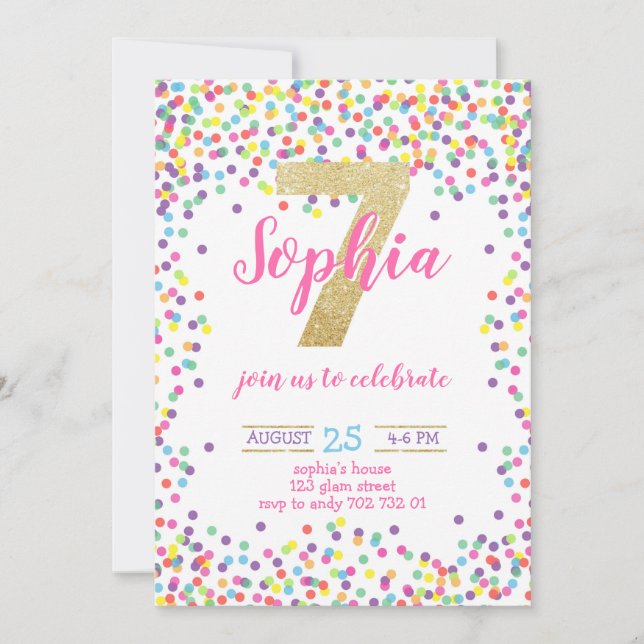 Invitación Colorido Confetti Gold Number Chica 7º cumpleaños (Anverso)