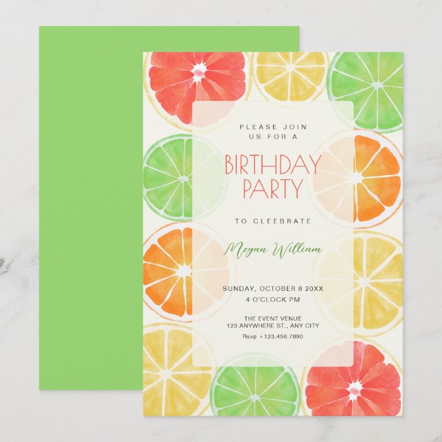 Invitación Colorido cumpleaños de limón (Anverso / Reverso)