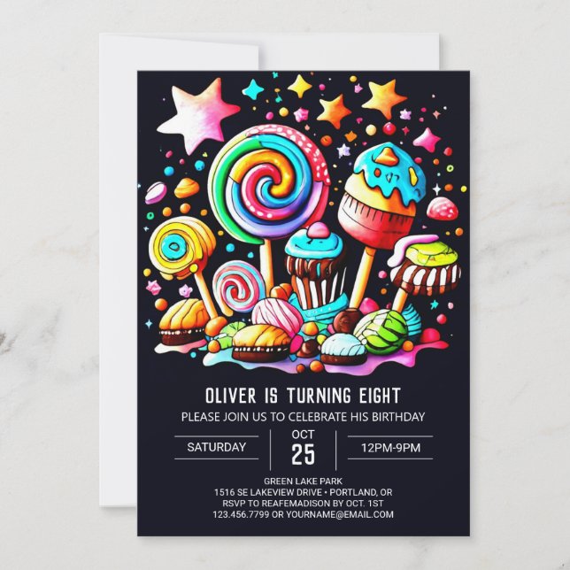 Invitación Colorido cumpleaños de Lollipop Wonderland (Anverso)