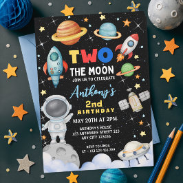 Invitación Colorido Cumpleaños Dos Al Espacio Luna Cohete