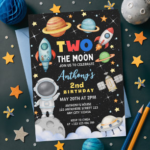 Invitación Colorido Cumpleaños Dos Al Espacio Luna Cohete