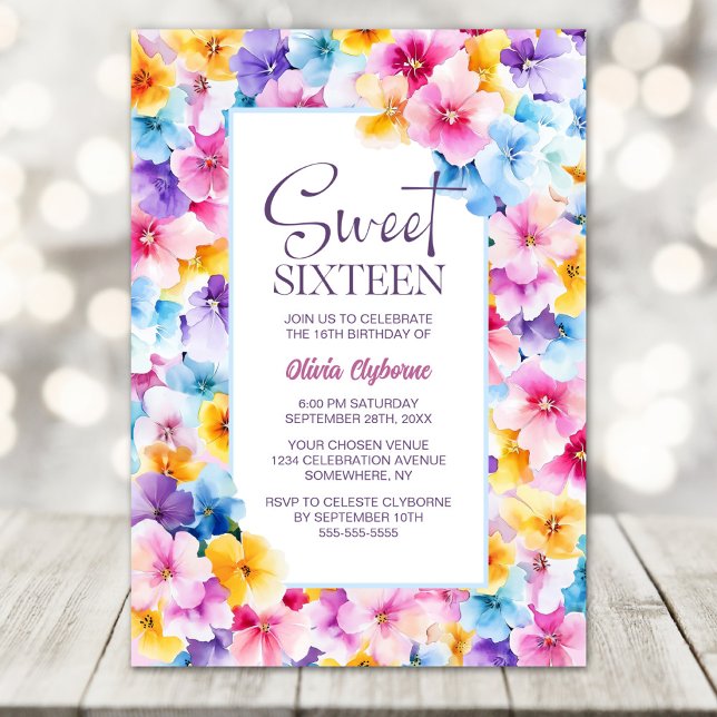 Invitación Colorido dulce floral Fiesta de cumpleaños 16 (Subido por el creador)
