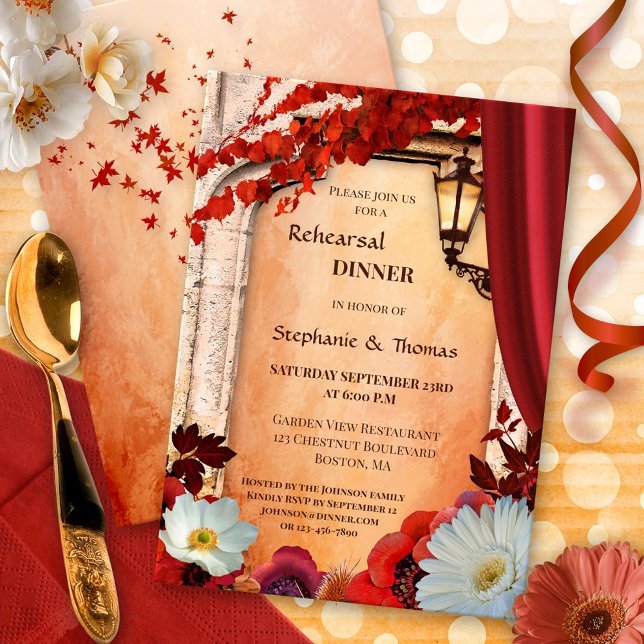 Invitación Colorido ensayo de cataratas de Moda de Boho (Rehearsal dinner invitation in classic Italian style with fall leaves, flowers and classic lantern)