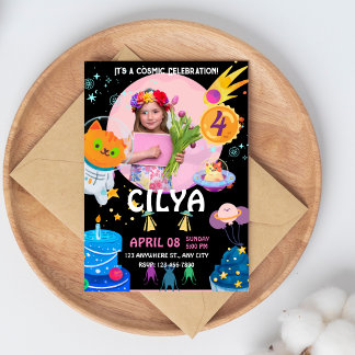 Invitación Colorido espacio negro tema fiesta de cumpleaños i