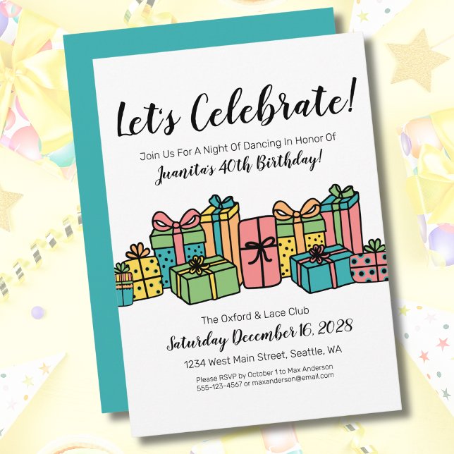 Invitación Colorido feliz 40° Fiesta de cumpleaños (Cute Fun Presents Colorful Happy Birthday Party Invitation)