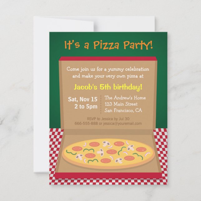 Invitación Colorido Fiesta de cumpleaños de los niños de pizz (Anverso)