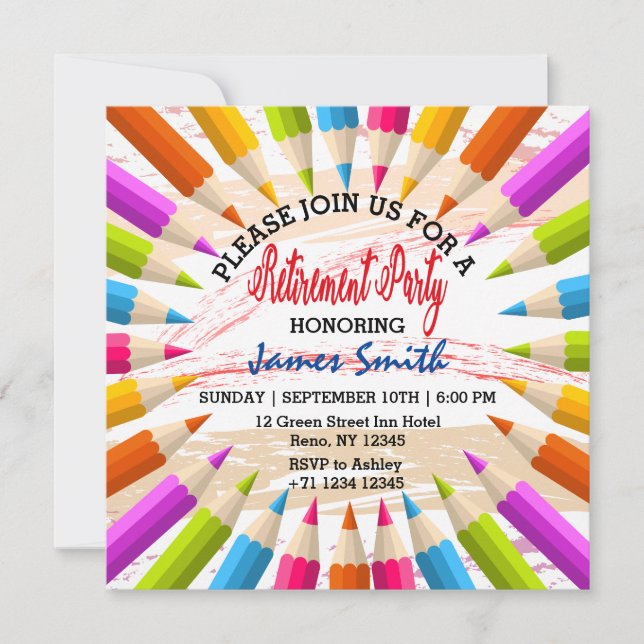 Invitación Colorido Fiesta de retiro de maestros de lápices (Anverso)