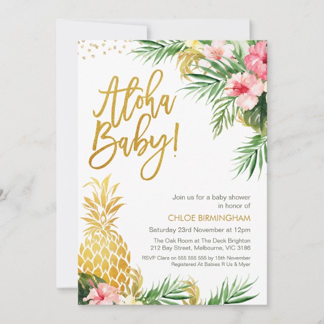 Invitación Colorido Floral Gold Pineapple Baby Shower (Anverso)
