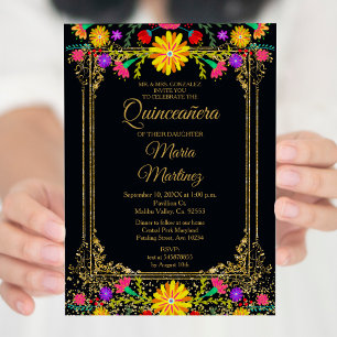 Invitación Colorido Floral y fondo negro Quinceañera