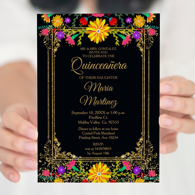 Invitación Colorido Floral y fondo negro Quinceañera (Subido por el creador)