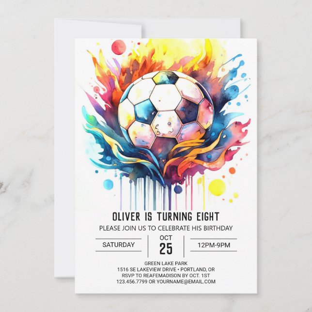 Invitación Colorido Fútbol Niños Acuarela Cumpleaños (Anverso)