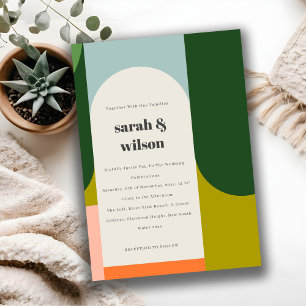 Invitación Colorido Groovy Retro Arch Resumen Boda audaz