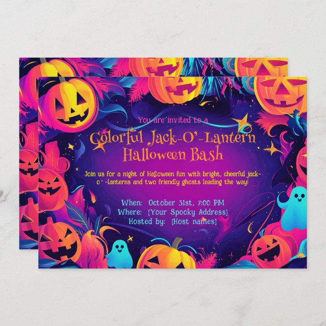 Invitación 🎃 colorido Jack-O’-Lantern Halloween Bash (Anverso / Reverso)