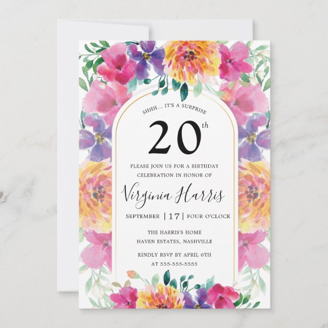 Invitación Colorido Jardín Floral Veinte cumpleaños (Anverso)