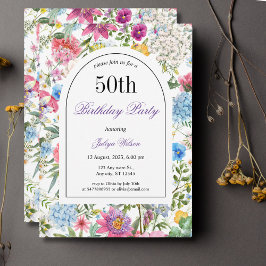Invitación Colorido marco floral de arco 50 cumpleaños