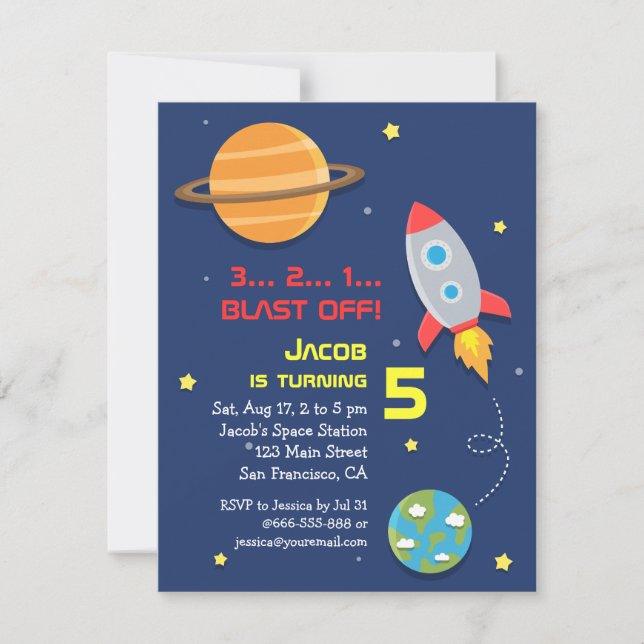 Invitación Colorido, Nave Espacial, Fiesta Espacial, Cumpleañ (Anverso)