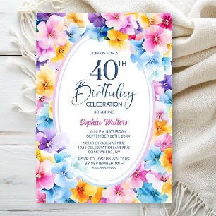 Invitación Colorido óval floral 40 Fiesta de cumpleaños