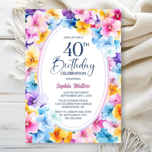 Invitación Colorido óval floral 40 Fiesta de cumpleaños (Subido por el creador)