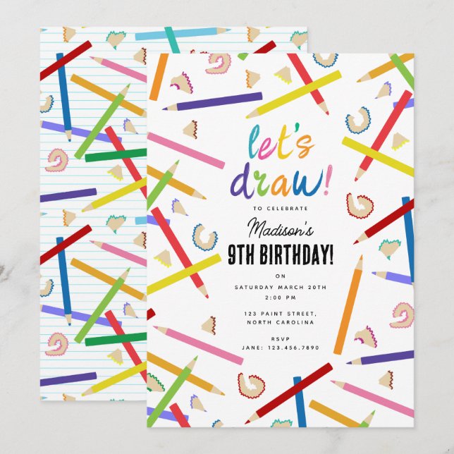 Invitación Colorido Pencils Niños Fiesta de cumpleaños (Anverso / Reverso)