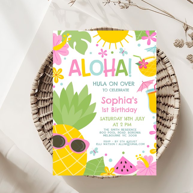 Invitación Colorido Pineapple Verde Rosa Aloha Cumpleaños (Hawaiian Theme Birthday Party Invitation Template, Editable Aloha Birthday Invitation Girl Colorful)