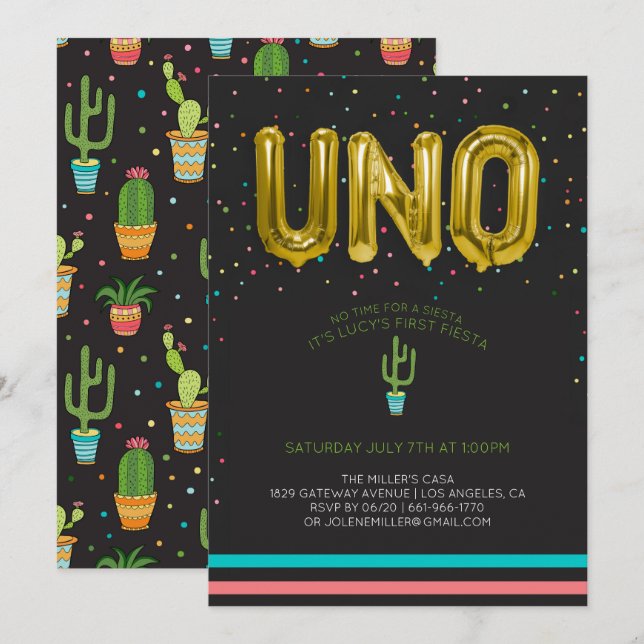 Invitación Colorido Primer Cumpleaños Fiesta | UNO Globos (Anverso / Reverso)