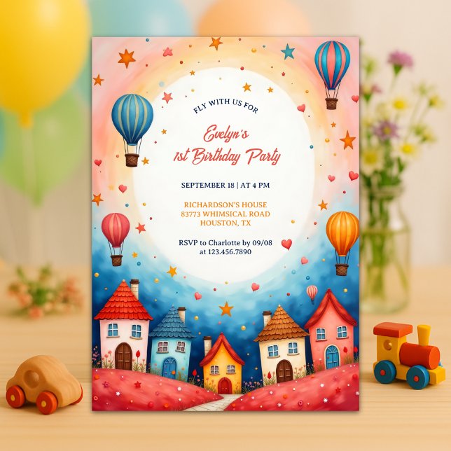 Invitación Colorido pueblo Balón de aire caliente 1º cumpleañ (Whimsical Hot Air Balloon 1st Birthday Invitation with Colorful Village Scene)