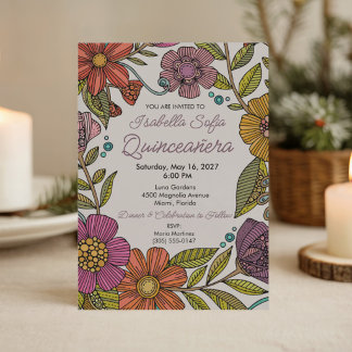 Invitación Colorido Quinceañera Floral Vibrante Arte Popular