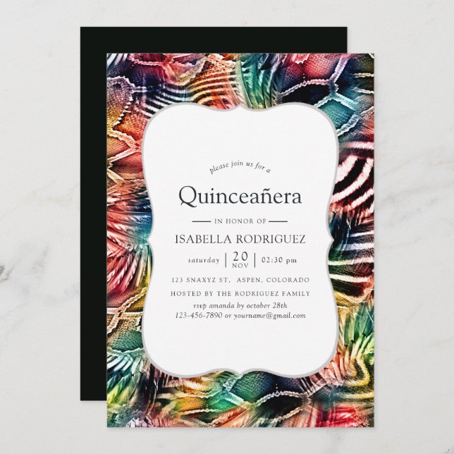 Invitación Colorido Resumen Patrón animal Quinceanera (Anverso / Reverso)