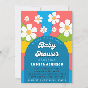 Invitación Colorido retro Groovy Daisy Floral Baby Shower 70s