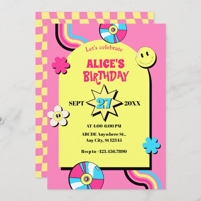 Invitación Colorido retro pop divertido cumpleaños pastel (Anverso / Reverso)