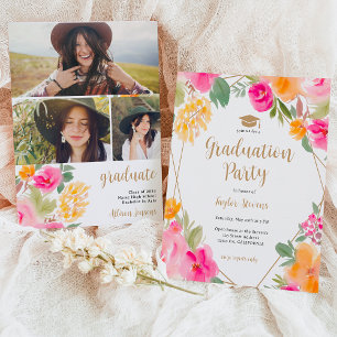 Invitación Colorido rosa brillante graduación de oro floral