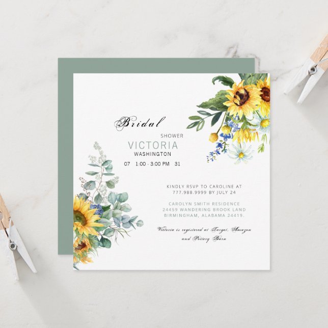 Invitación Colorido Sunflower Bridal Shower Sage (Anverso/Reverso In Situ)
