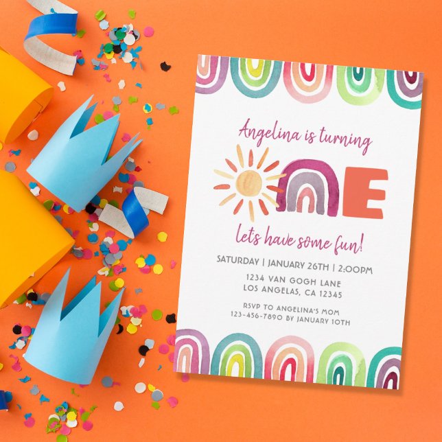 Invitación Colorido Sunshine Arcoiris 1er cumpleaños acuarela (Subido por el creador)