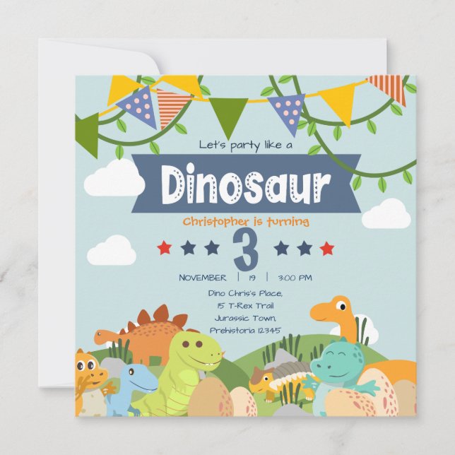 Invitación Colorido tema de dinosaurios, tercer cumpleaños (Anverso)