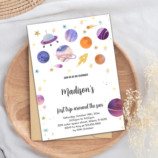 Invitación Colorido tema de Galaxia para niños (Planets Outer space Birthday Invitations)