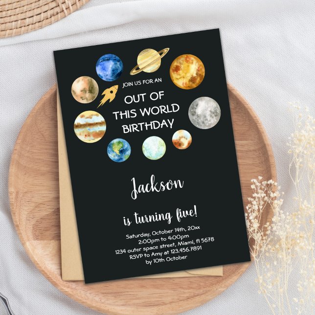 Invitación Colorido tema del cohete galáctico para niños (Out of this world birthday invitations)