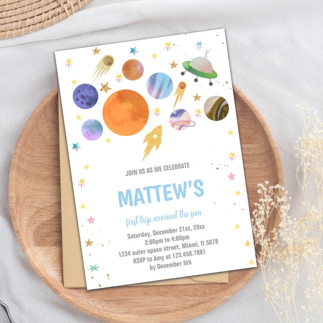 Invitación Colorido tema del espacio ultraterrestre para los  (Planets Galaxy Birthday Invitations)