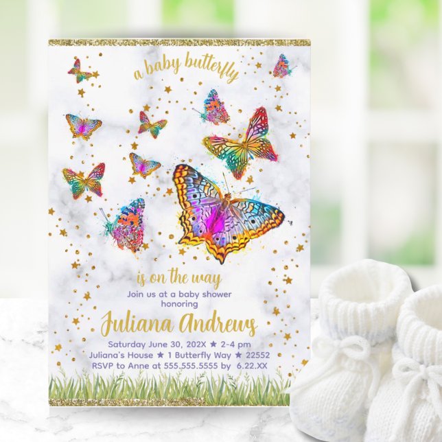 Invitación Colorido tema mariposa Baby Shower elegante (Colorful Butterfly Theme Elegant Baby Shower Invitation)