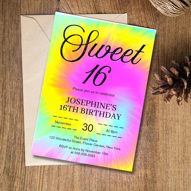 Invitación Colorido Tie Dye Pastel Boho 16º cumpleaños (Subido por el creador)