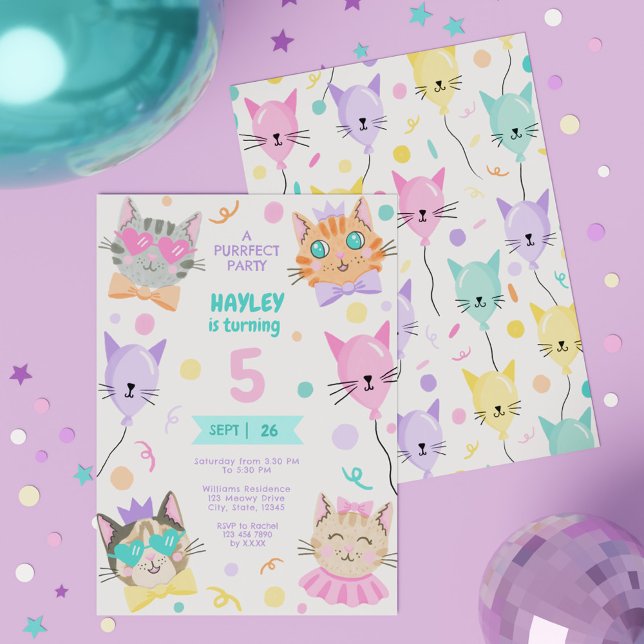 Invitación Colorido Un Fiesta perfecto Cute Kitty Cat Cumplea (Colorful A Purrfect Party Cute Kitty Cat Birthday Invitation)