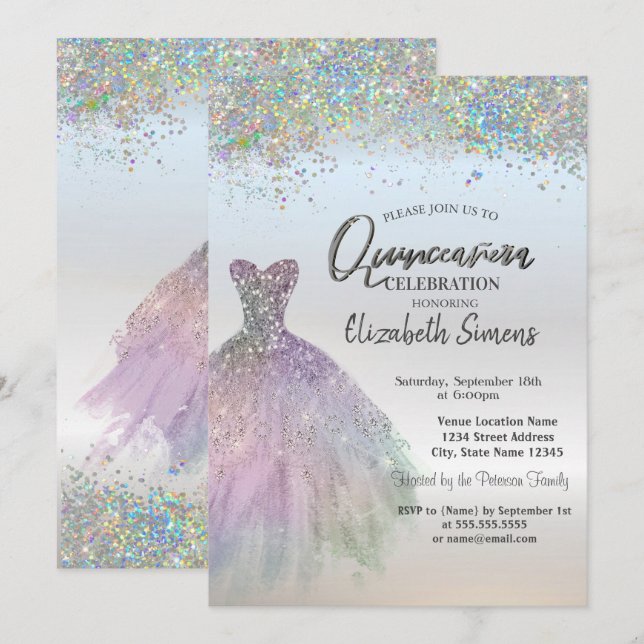 Invitación Colorido vestido de Confetti Quinceañera (Anverso / Reverso)