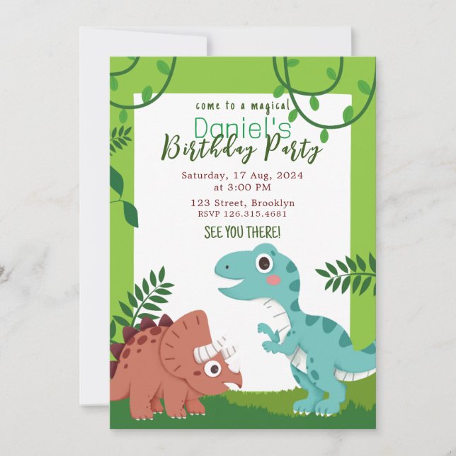 Invitación Colorido y juguetón cumpleaños de dinosaurios infa (Anverso)