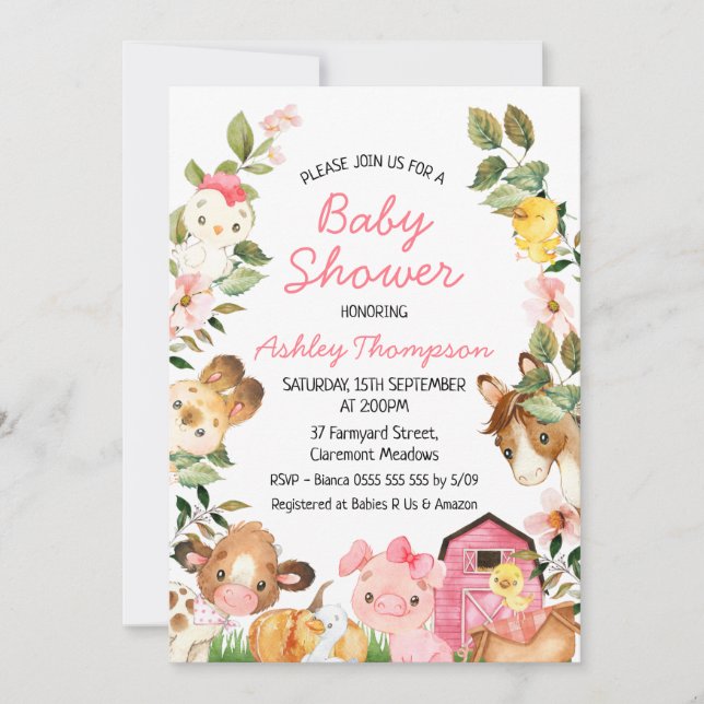 Invitación Coloridos animales de granja Baby Shower de graner (Anverso)