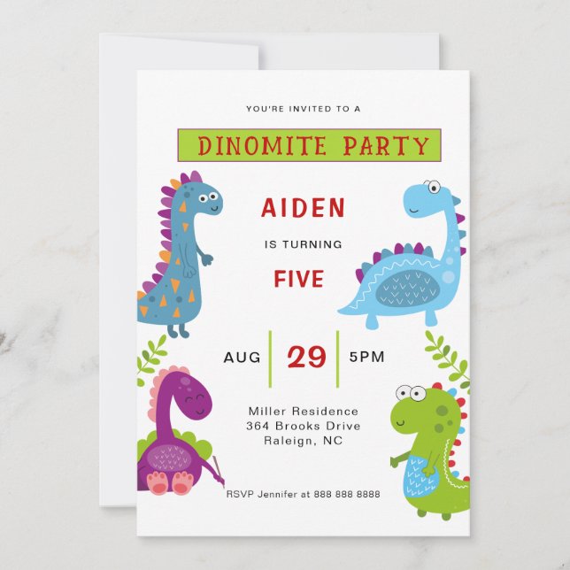 Invitación Coloridos Dinosaurios Niños fiesta de cumpleaños (Anverso)