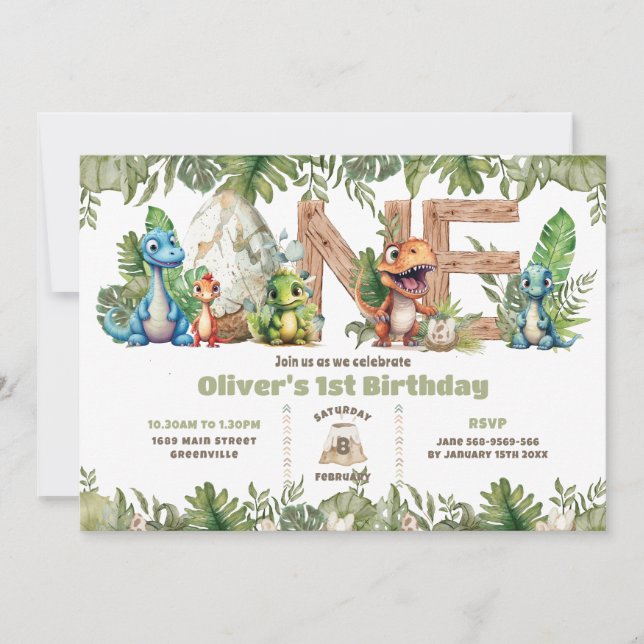 Invitación Coloridos dinosaurios Verdor Un primer cumpleaños (Anverso)